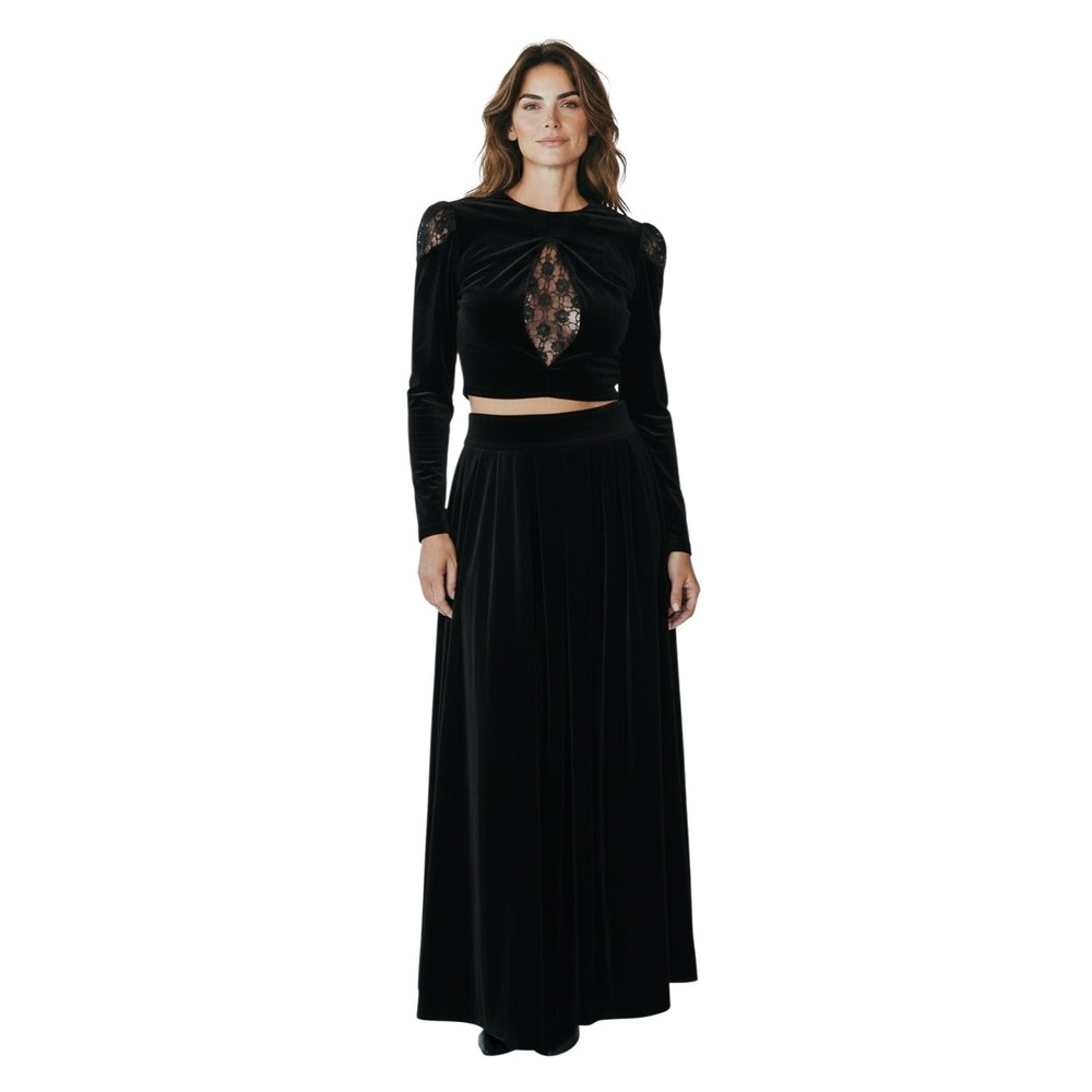 Vintage Kathryn Conover Silk Velvet 2 Piece Set Lace Keyhole Top Maxi Skirt